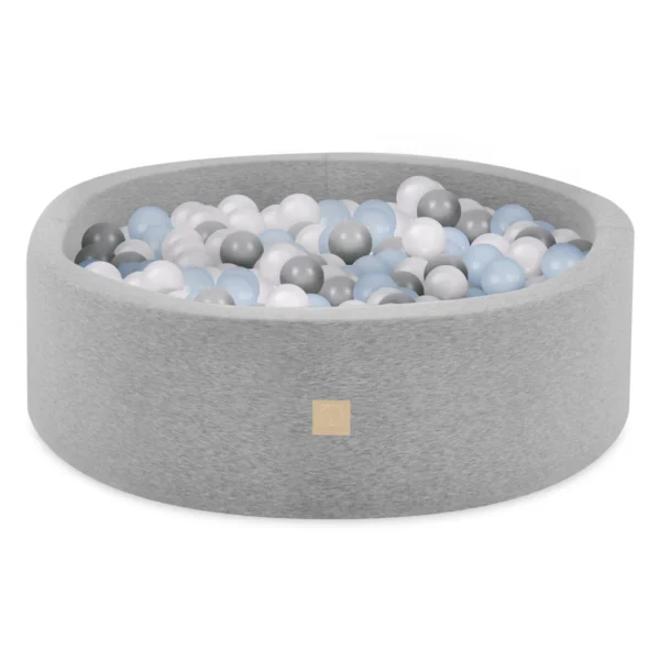 Misioo-Piscine avec boules, lanceurs, gris clair, rond, coton, 90x30, 300 boules, bleu clair, argent, tasse