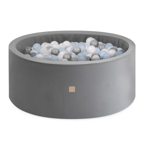 MISIOO Piscine sèche, 90x40 cm, ronde, grise, coton, velours, 200 boules: bleu clair, argent, tasse