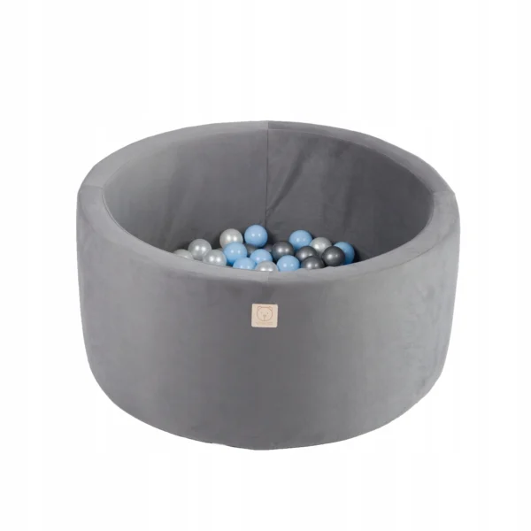 MISIOO Piscine sèche, 90x40 cm, ronde, grise, coton, velours, 200 boules: bleu clair, argent, tasse – Image 2